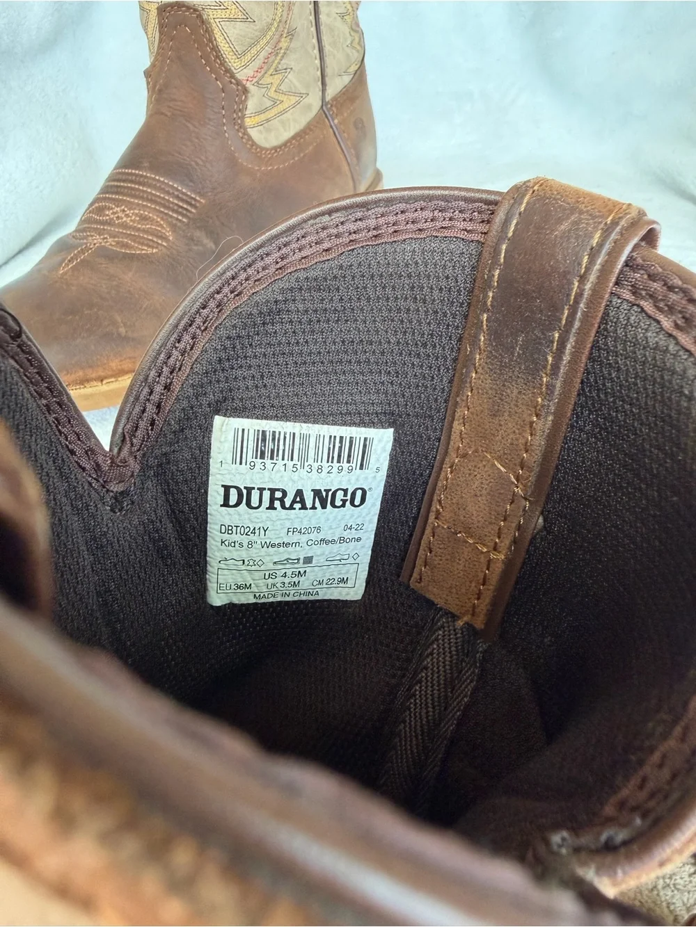 Durango Kids Boots - 8” Western, Coffee/Bone Youth Size US 4.5 M  EU 36M